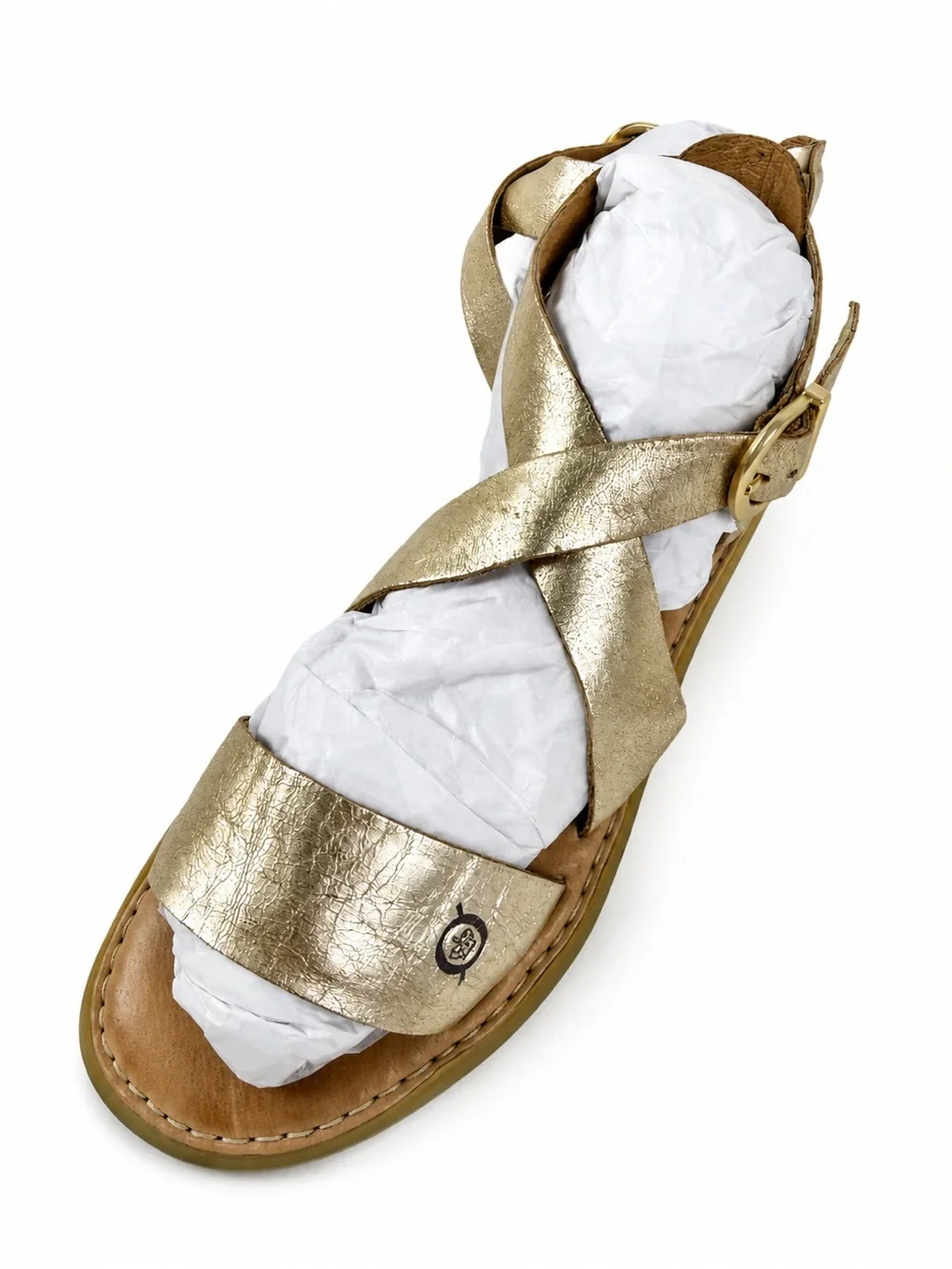 Born | F25510 | Metallic Gold Leather Crisscross Sandals | Ankle Strap | Size 7